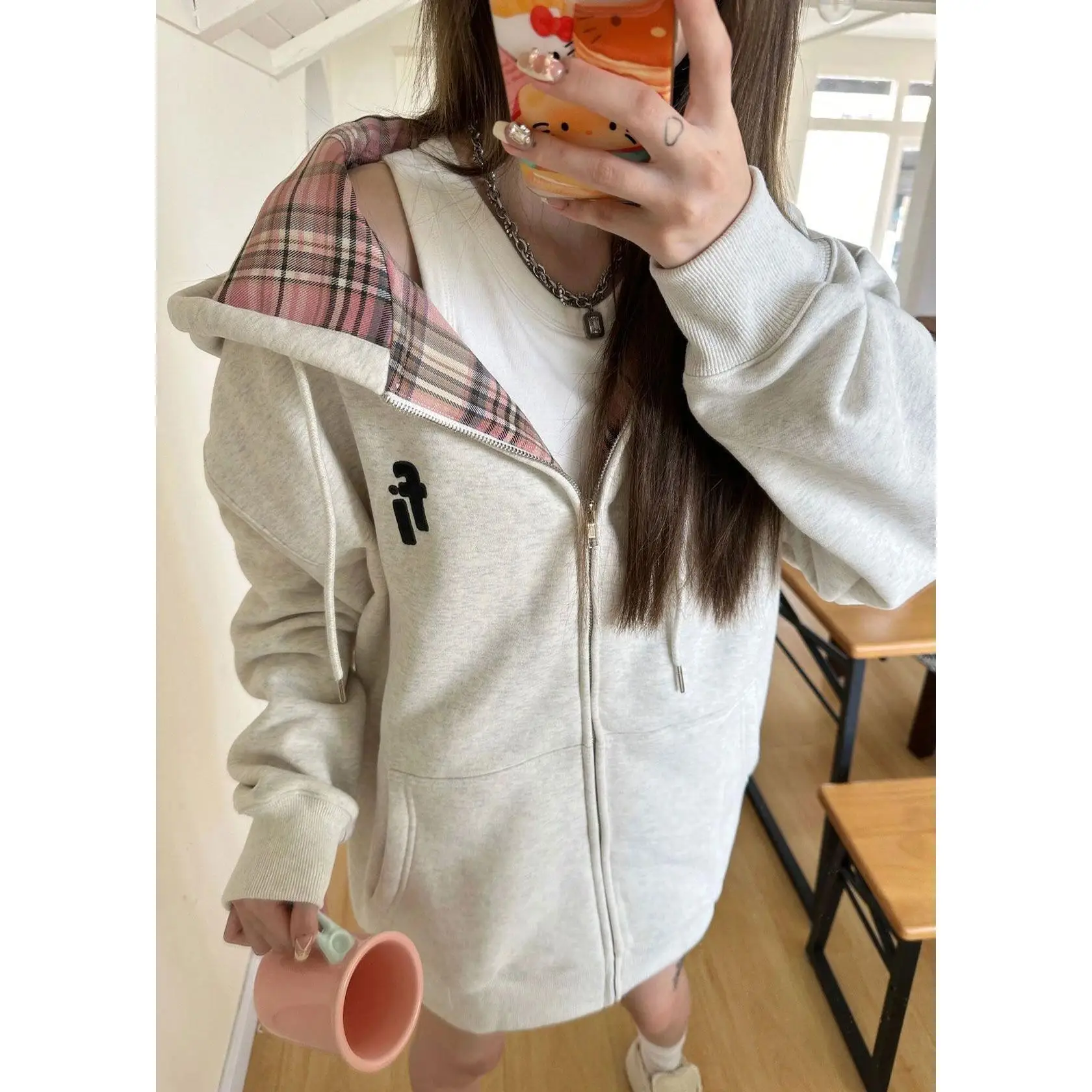 

Retro American Plaid Oversize Zipper Cardigan Women's Fleece Lined Hoodie Spring Autumn Winter New Style Splicing Outerwear