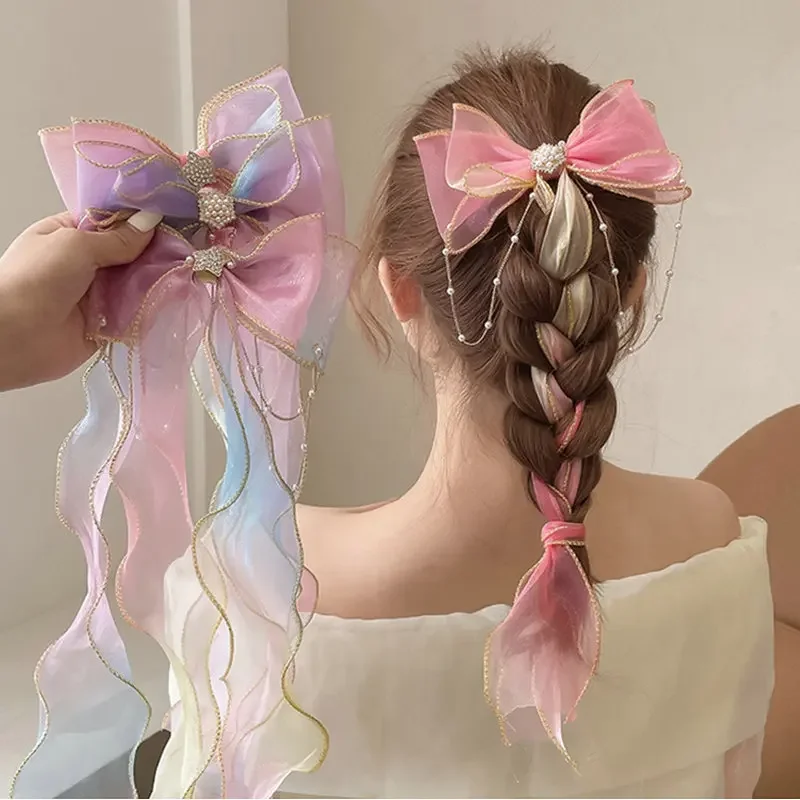 Girls Rainbow Rhinestones Bowknot Hair Clips Long Organza Pearl Hairpins Braided Hair Accessories