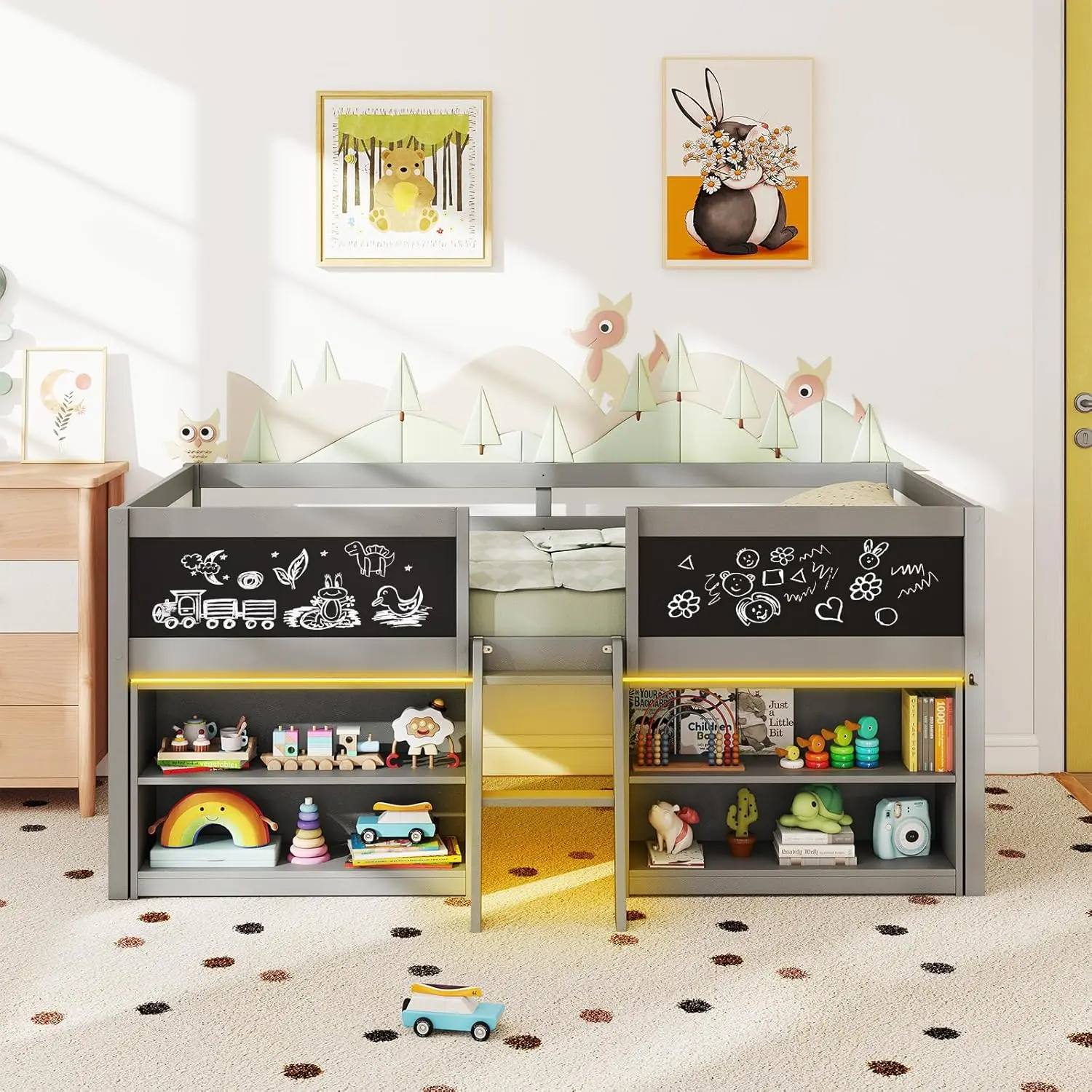 LED 조명, 사다리, 칠판 및 수납 공간이 있는 목재 트윈 로프트 침대, 회색