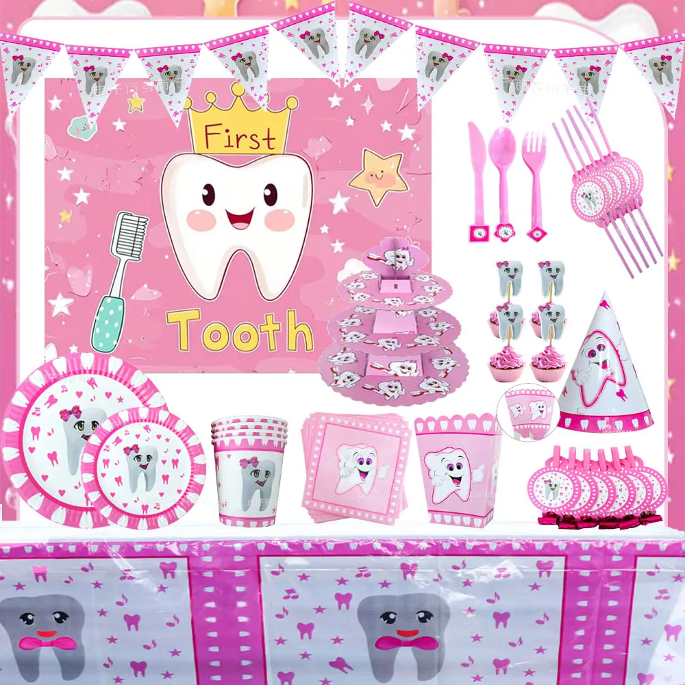 Mein erster Zahn, rosa Thema, Geburtstagsparty-Dekoration, Einweggeschirr, Banner, Kuchendeckel, Partyzubehör, Geschenk für Kinder, Babyparty