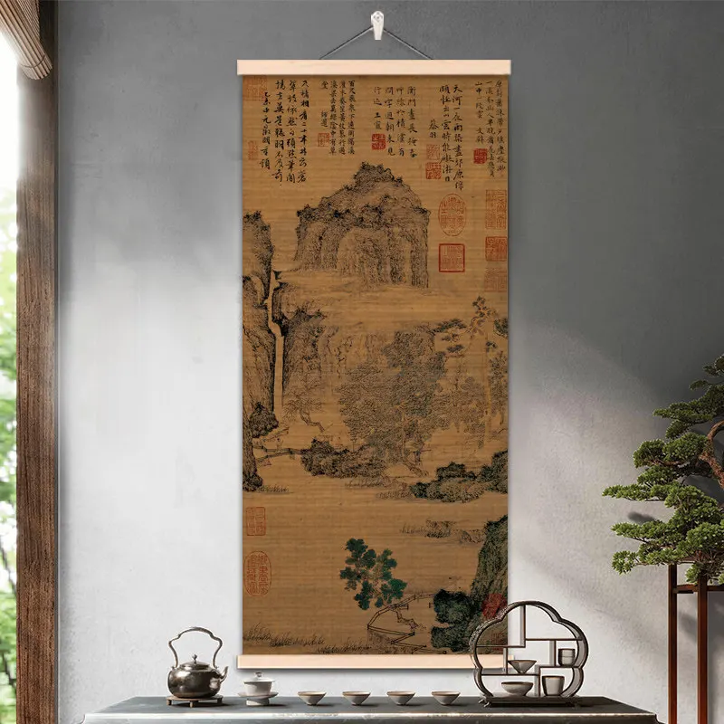 Wall Art Bamboo Scroll Ancient Chinese Calligraphy Landscape Painting Traditional Asian Zen Wall Decor for Tea Room Living Room