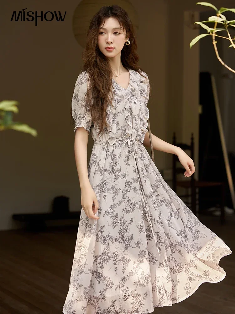 MISHOW V-neck Puff Sleeve Floral Dress for Women 2023 Summer Retro Waist Drawstring A-LINE Long Tea Break Dresses MXC37L1513