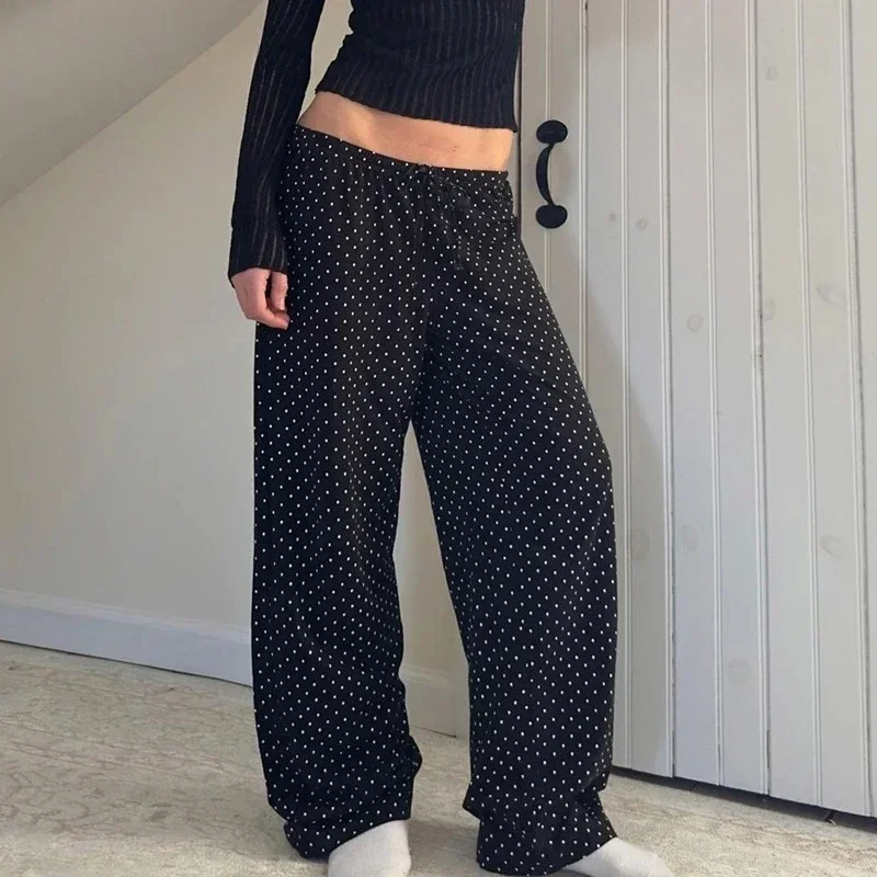 Y2k Aesthetics Polka Dot Printing Drawstring Pants Low Waist Straight Leg Length Trousers Women's All Season Bottoms