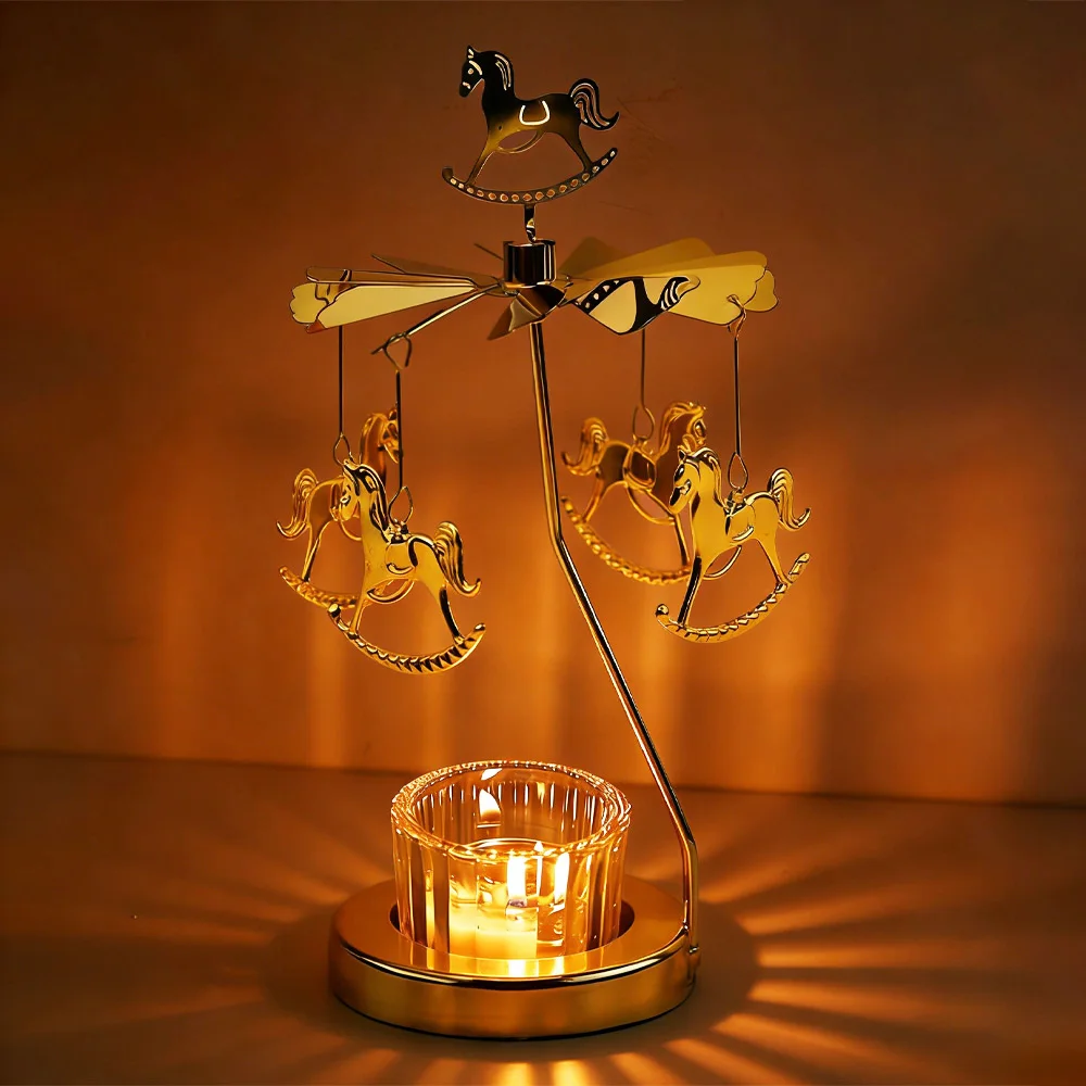 

Modern Metal Rotating Carousel Tealight Holder -With Glass Candle Cup - Aesthetic Home Table Centerpiece & Wedding Decoration