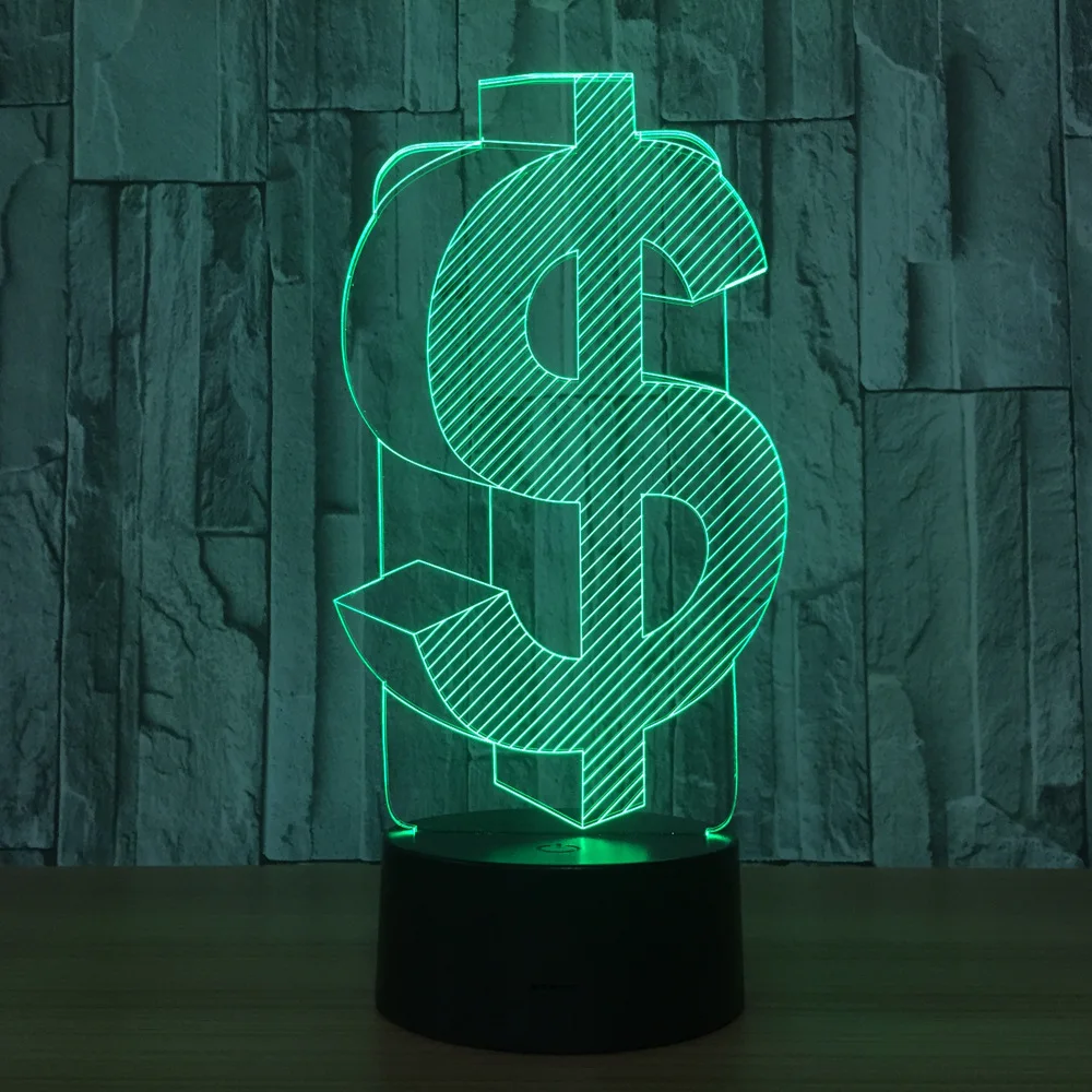 USD Dollar 3D LED Night Light RGB Color Changing 3D Table Lamp Novelty USD Symbol Nightlight Decoration for Xmas Gift