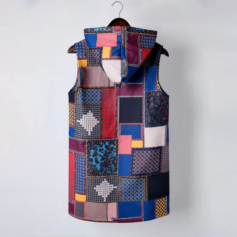 European And American Style Patchwork Pattern Hooded Vest, Lined With Fleece, Sleeveless Long Women's Top
