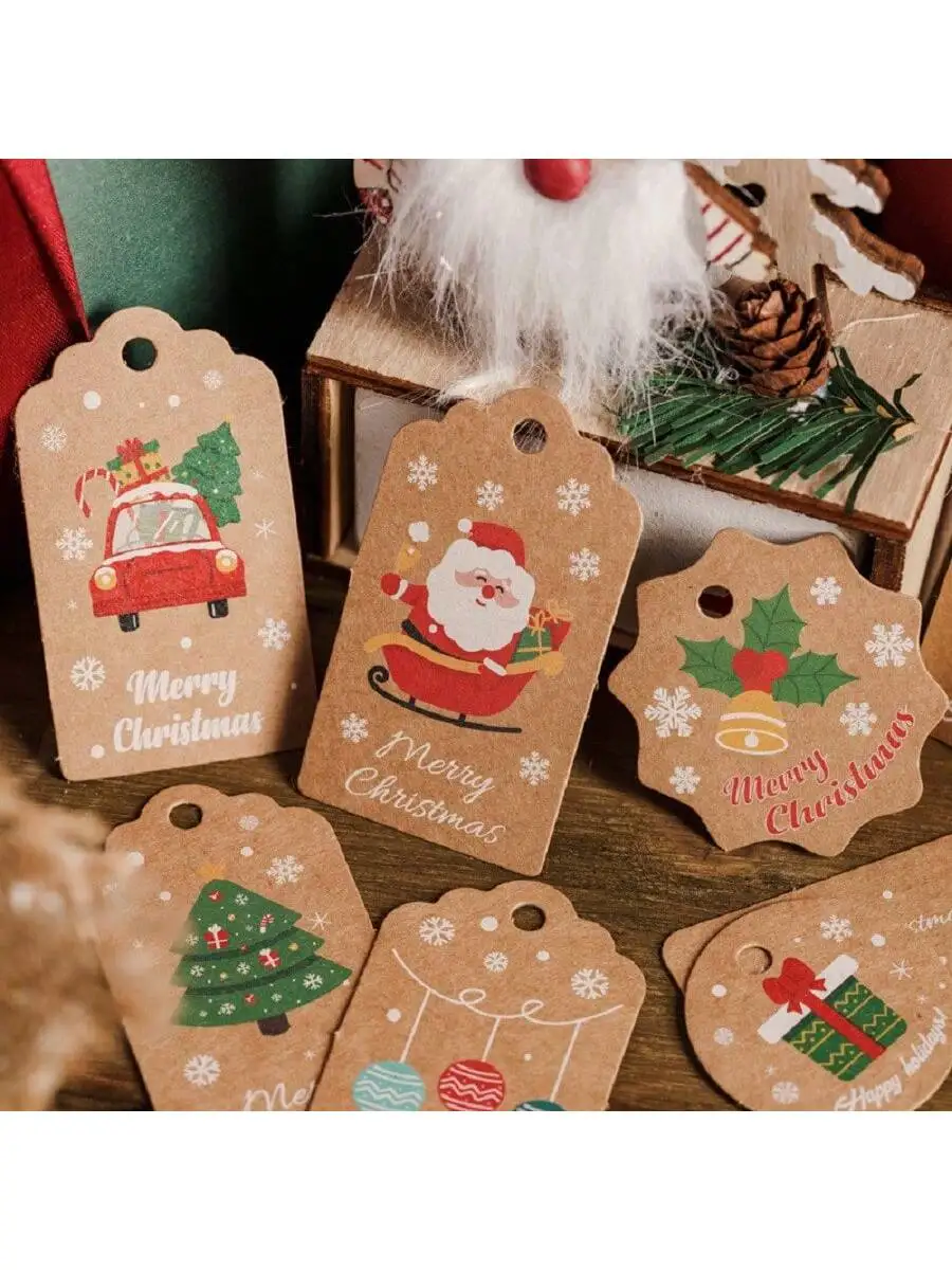 50pcs Merry Christmas DIY Kraft Tags Labels Gift Wrapping Paper Hanging Tag Santa Claus Paper Cards Xmas Party Decor Supplies