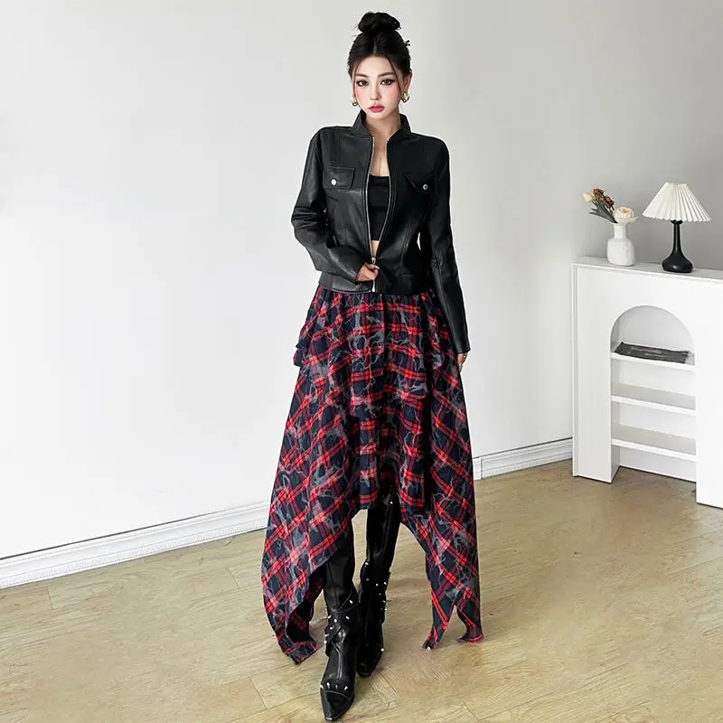 American Retro Design Contrasting Skirt Women Summer New High-Waisted Slimming Irregular Versatile Midi Skirt