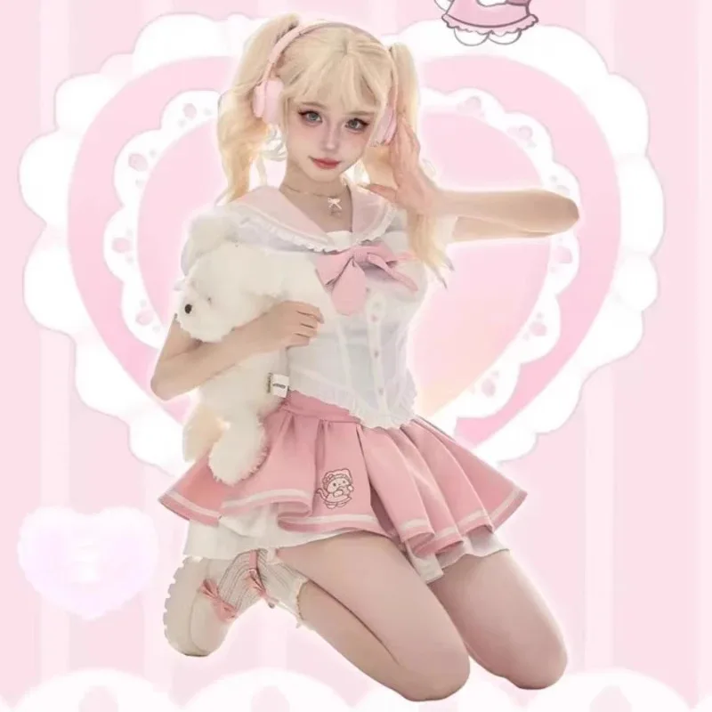 

Sweet Rabbit Ear Sailor Collar Puff Sleeve Shirts Women Y2k Slim Waist Ruched Pink Skirts Summer Oversize Two Piece Sets