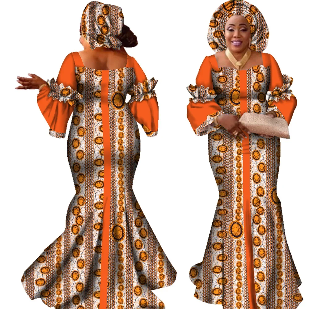 Vestidos africanos para mujer, diseño de moda, nuevo vestido africano Bazin de diseño de moda, vestido largo con bufanda, ropa africana WY2347