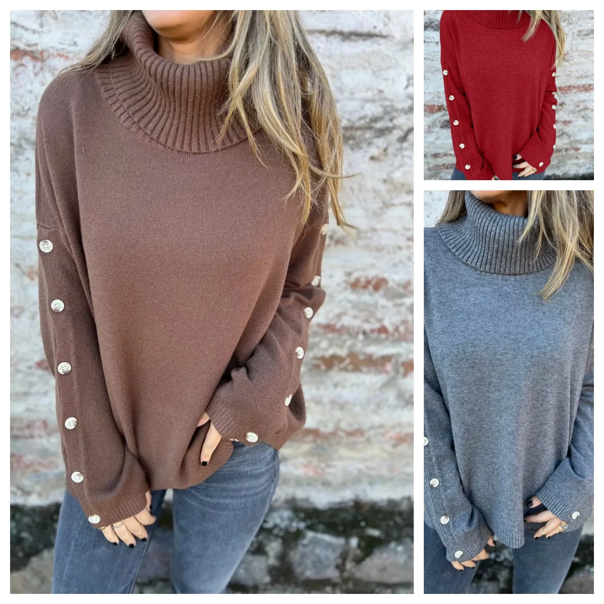 

Водолазка, серые свитера на пуговицах для женщин, осенний повседневный свободный вязаный пуловер с длинными рукавами, женский теплый мягкий коричневый свитер оверсайз