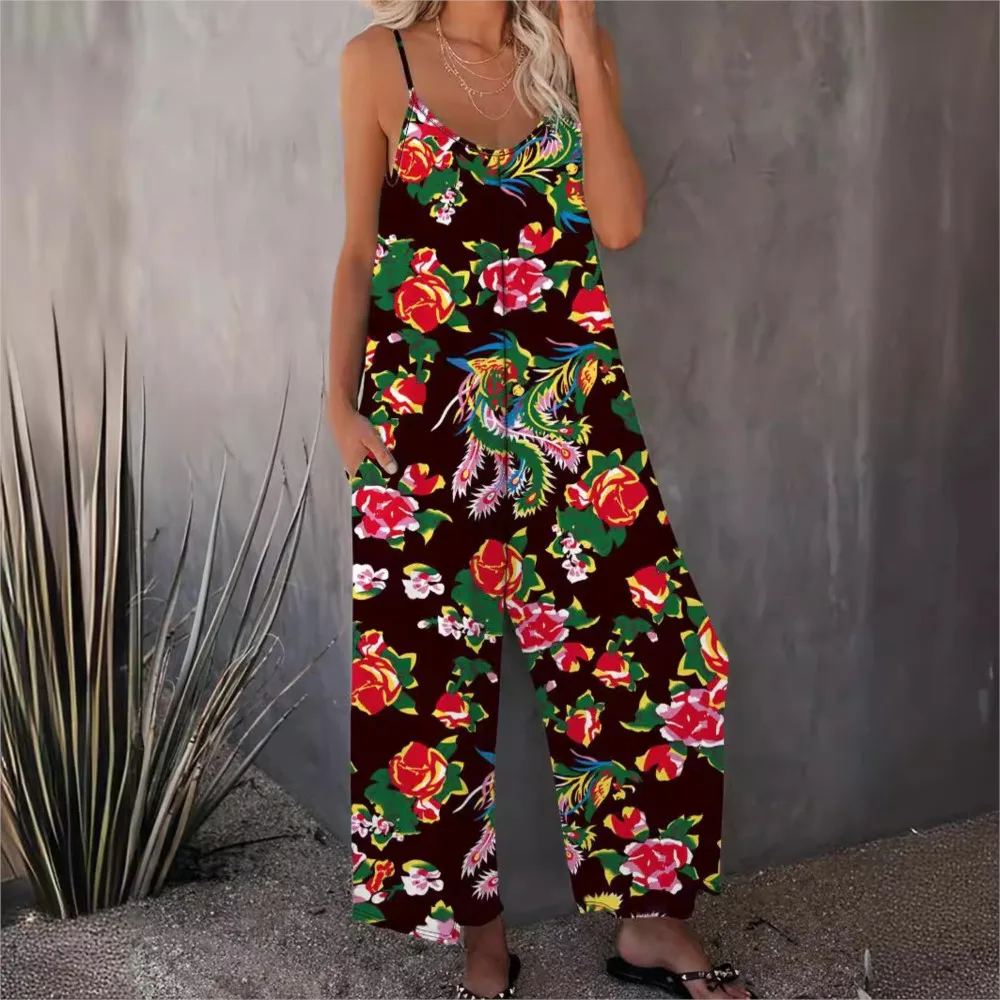 Spring And Summer New Fashion Printed Pocket Bag Women's Romper Simple Loose Casual Strap Female Romper Pants