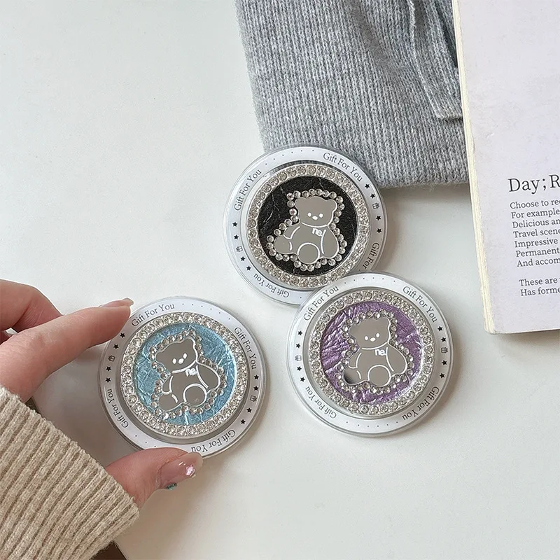

Cartoon Rhinestone Bear Mirror Magnetic Holder Universal Phone Stand Support For iPhone 17 For Magsafe Smart Tok Desk Holder