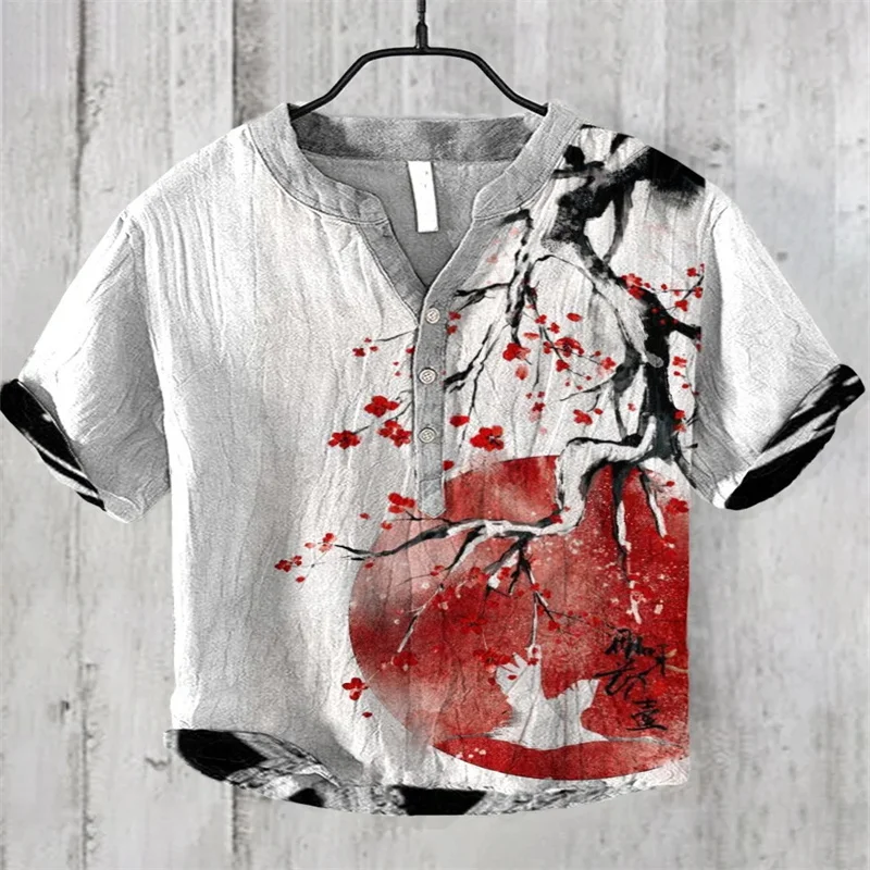 Sunset ink painting 3D digital printing men's casual shirt 2024 new men's short-sleeved shirt cross-border men's v-neck shirt