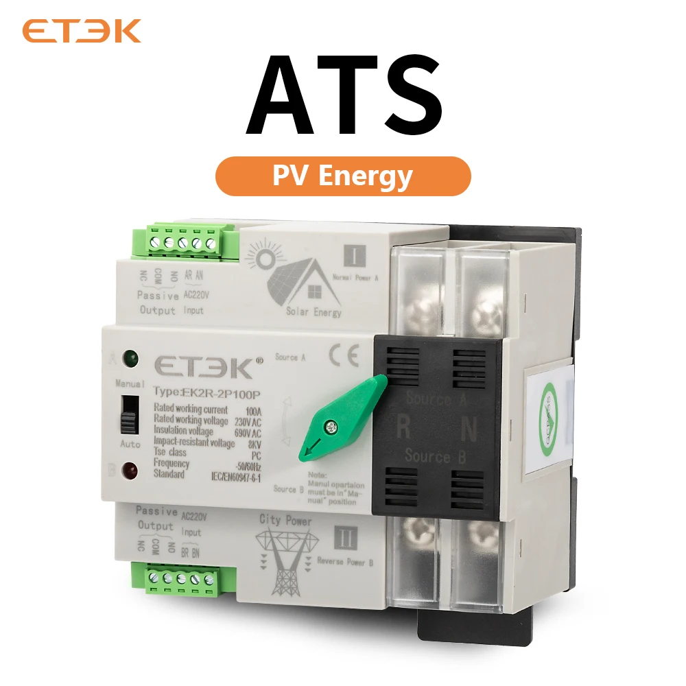 

ETEC Single Phase 100A 220VAC PC class Automatic Transfer Switch City Grid-PV Energy And Inverter EK2R.