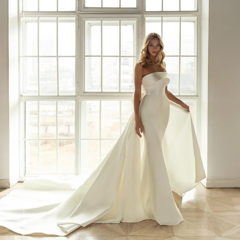 Robe de mariée froncée en satin pour femme, col bateau élégant, nœud sirène sexy, robe de mariée perfecCourt