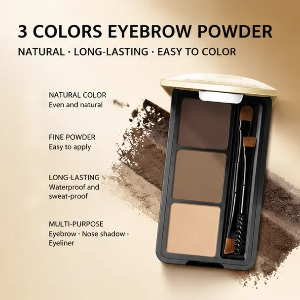 3-Color Brow Powder Set with Brush - Long-lasting, color-resistant, versatile contour makeup set for natural, three-dimensional