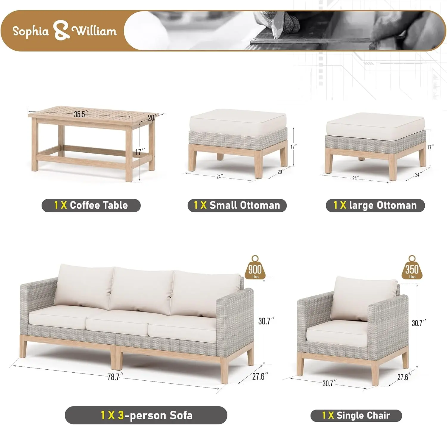 Outdoor Sectional Sofa Patio Furniture Set All-Weather Patio Conversation Set with Coffee Table