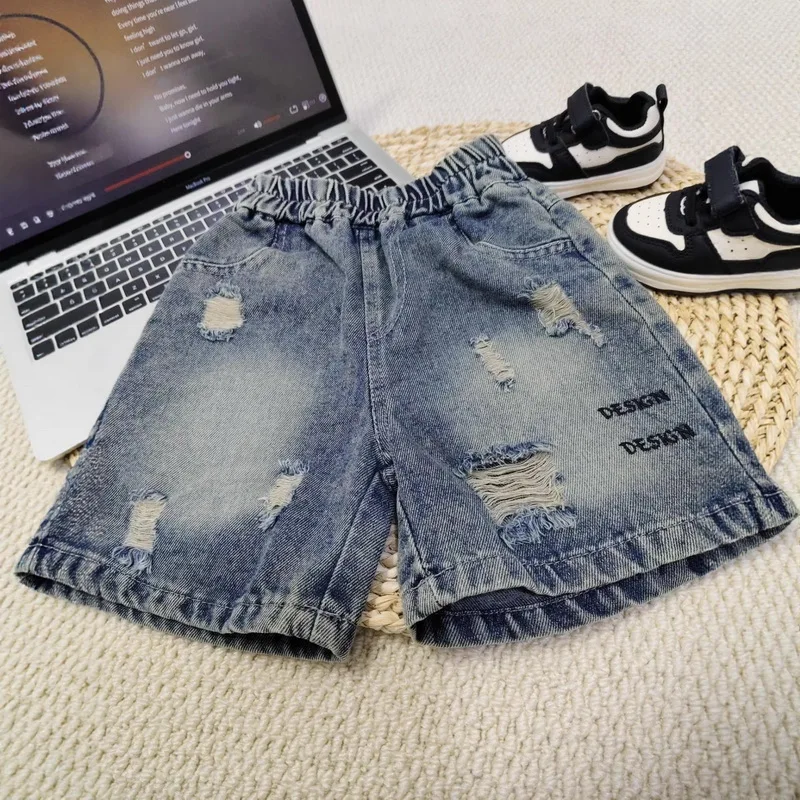 Summer Boys Denim Shorts Letters Embroidery Shorts For Kids 2-10 Years Children Ripped Hole Pants Toddler Clothing