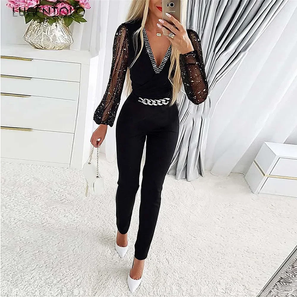 Women Fashion Jumpsuits Solid Color V-neck Hot Drills Mesh Sleeves High Waist Slim Trousers Elegant Commuter Street Casual Wear