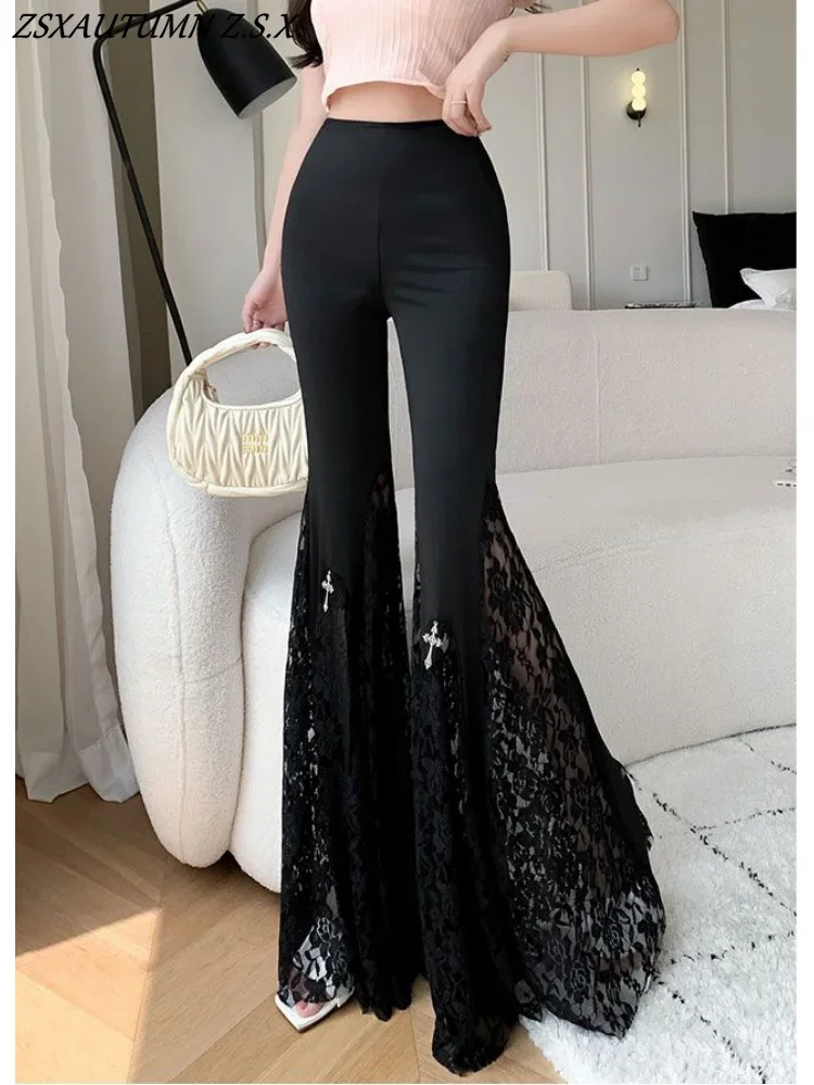 

Lace Large Bell-bottom Pants Women's Summer Thin High-waisted Slim Wide Leg Casual Fishtail Flared Trousers Korean Fashion Black