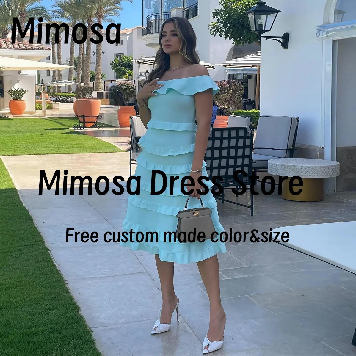 

Mimosa Tiered Tea Length Prom Dresses Boat Neck Homecoming Party Graduation Dress Zipper Back Cocktail Evening Gowns Customized