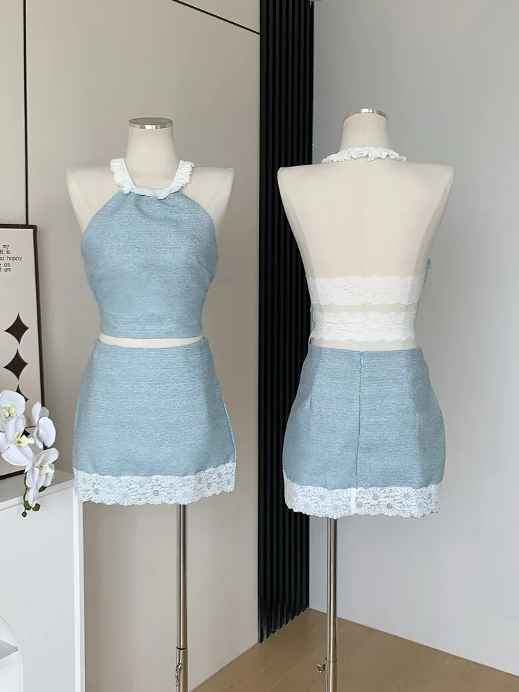 

Small Fragrance Female Hotsweet Backless Sexy Crop Top + High Waist Skirt Set Women French Slim Summer Sweet Girl 2 Piece Outfit