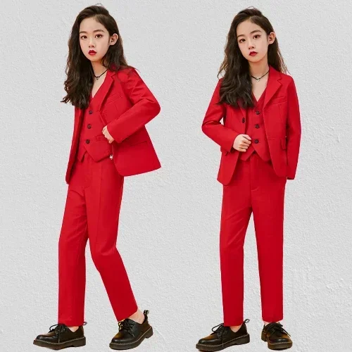 

School Girls Outfits Set Fashion Blazer Vest Pants 3pcs Dance Piano Costume Formal Suit for Kids Casual Teenage Children Clothes