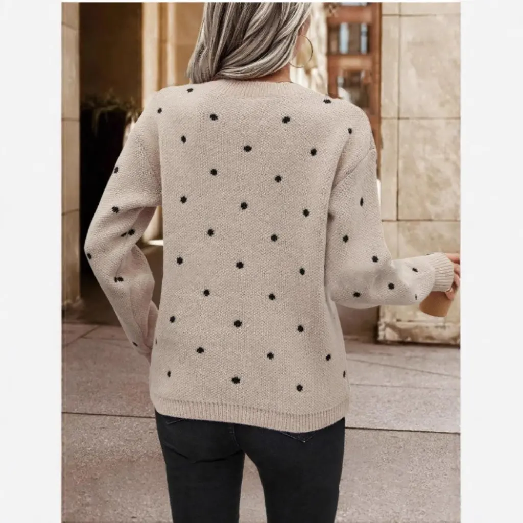 

Elegant Polka Dot Jacquard Long-Sleeved Knitwear round Neck Pullover Loose Fit European And American Style Women's Sweater