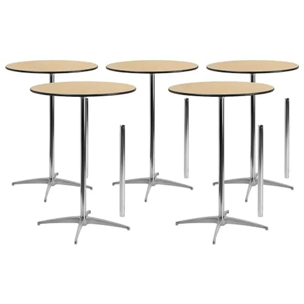 

Set of 5 Birchwood Cocktail Tables 30" Round Adjustable Columns Event Venue Business Hall Commercial Grade Cocktail Tables