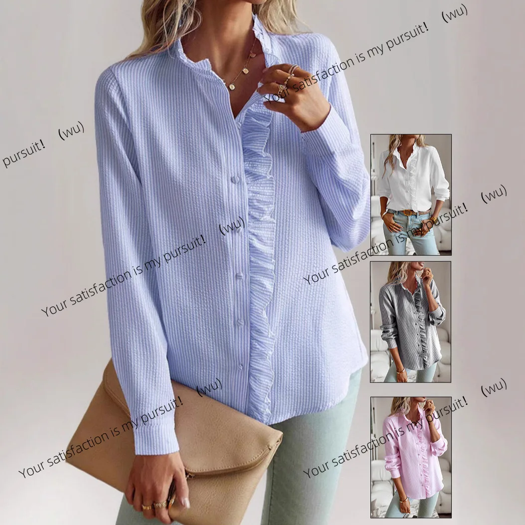 

New European and American stand-up collar autumn cardigan ruffle edge long-sleeved bubble shirt women