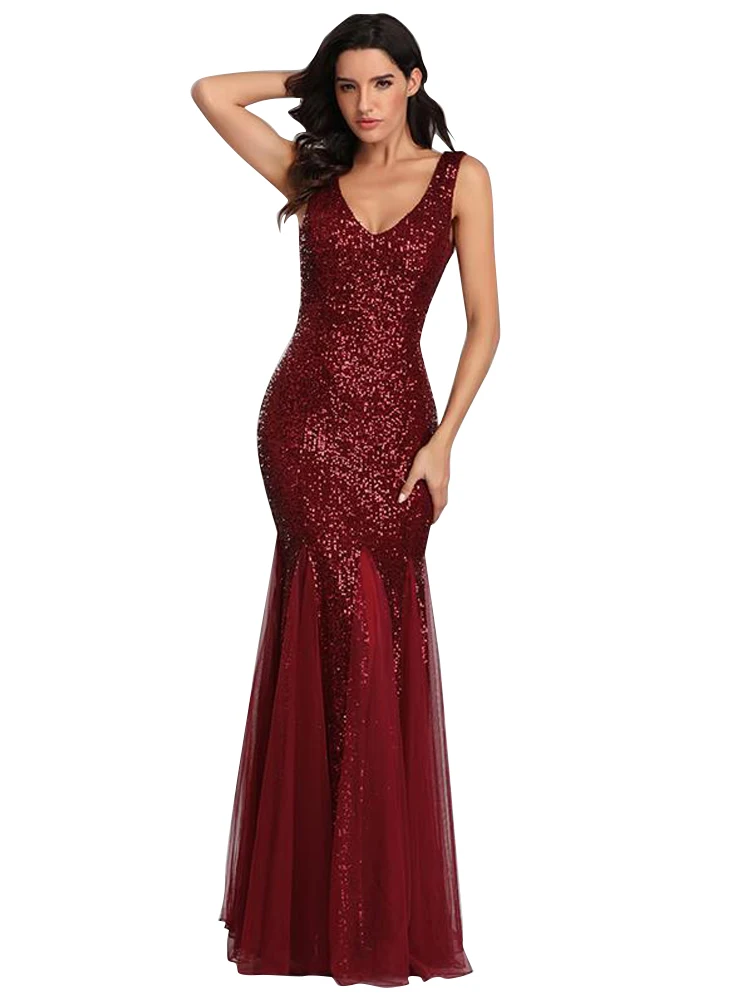 Sequin Spliced Mesh Mermaid Plus Size Evening Gown Double V Neck Sleeveless Hot Selling Bridesmaid Stretch Dress Prom Gown