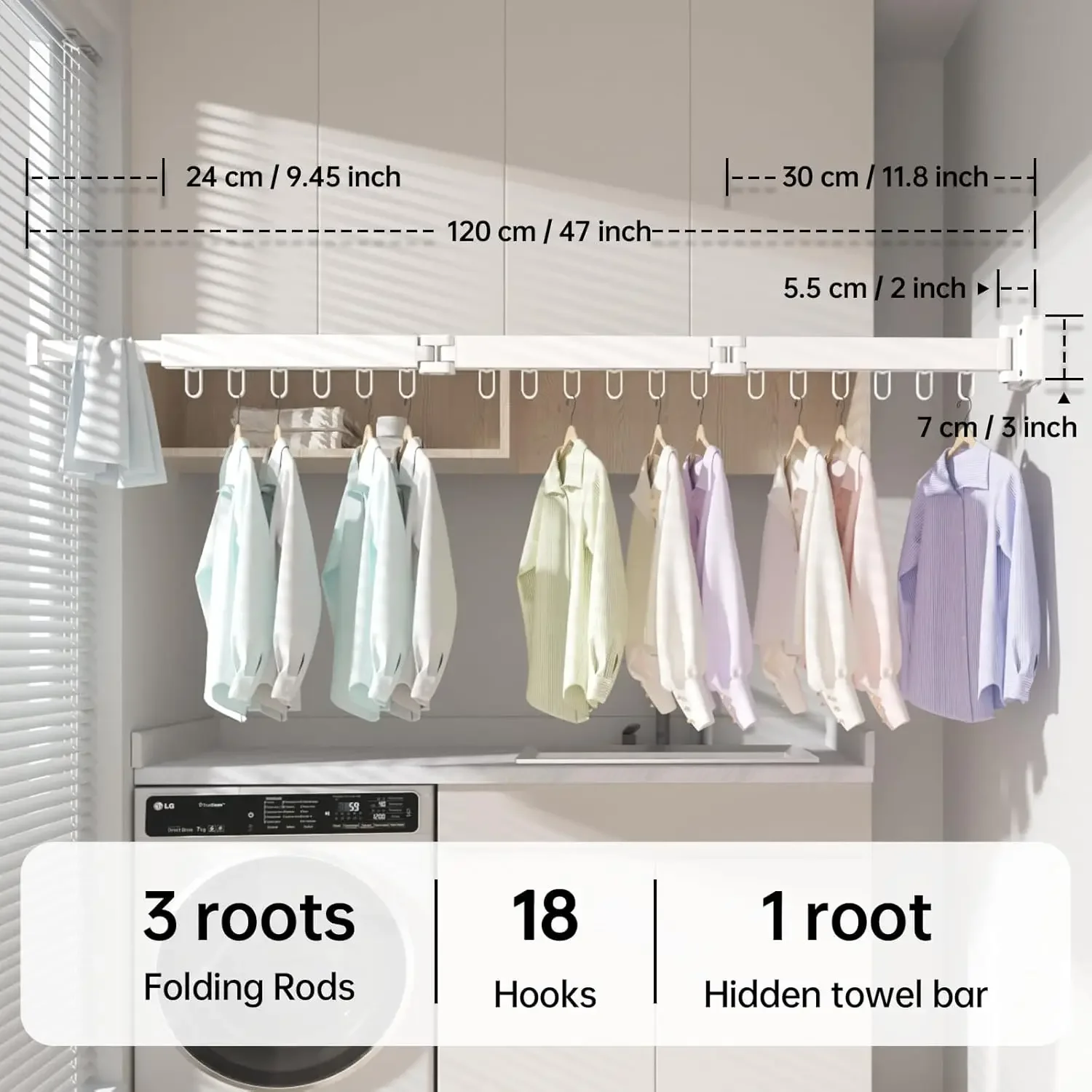 Wall-Mounted Drying Rack with 18 Hooks,folding Clothes Racks Space Saving Tri-Fold Scalable Clothes Dryer for Indoor & Outdoor