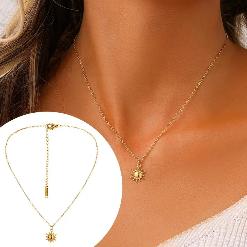 Golden Sun Pendant Necklace for Women, Stainless Steel, Adjustable, Extended Chain, Charm, Jewelry Accessories, Trendy Jewelry