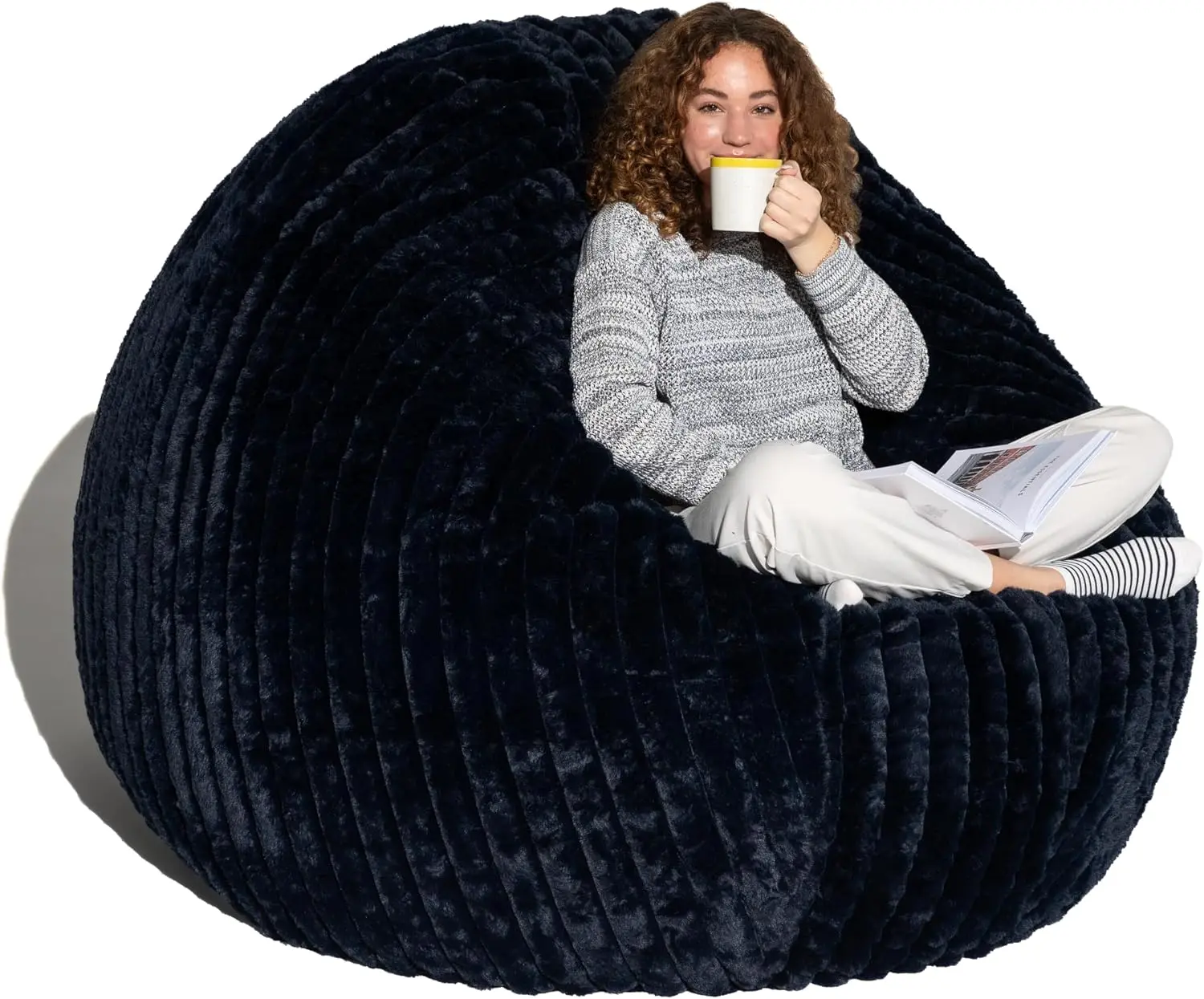 Jaxx 6 Foot Cocoon - 2-in-1 Convertible Bean Bag Bed & Large Bean Bag Chair for Adults, Premium Luxe Faux Fur - Mondo Midnight Blue
