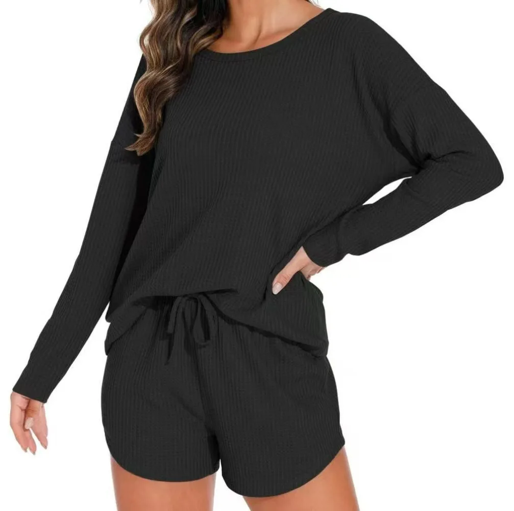 Casual Women's Loungewear Set with Solid Color Round Neck Long Sleeves Shorts European American Style Waffle Design XL Size