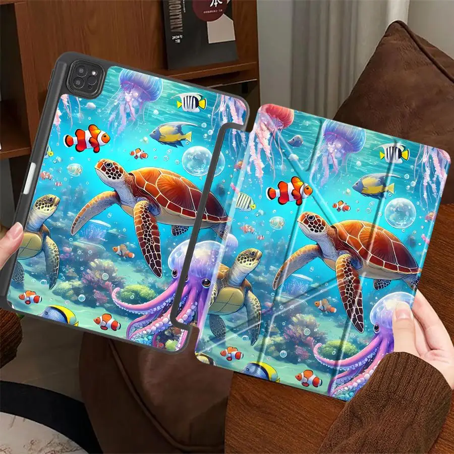 

Cartoon Ocean Turtle Holder Cover Tablet Case For iPad Pro 2025 Mini 6 7 Pro 11th 10th 9th 8th 7th 12.9inch Air 4 5 M3 M2 M4