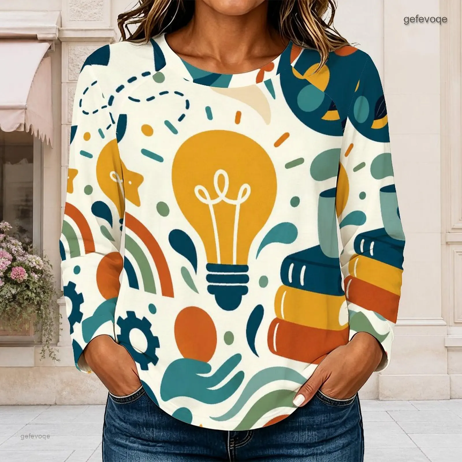 Women Round Neck Long Sleeve Top, Off White Base with Teal Yellow Orange Green Doodle Art Print