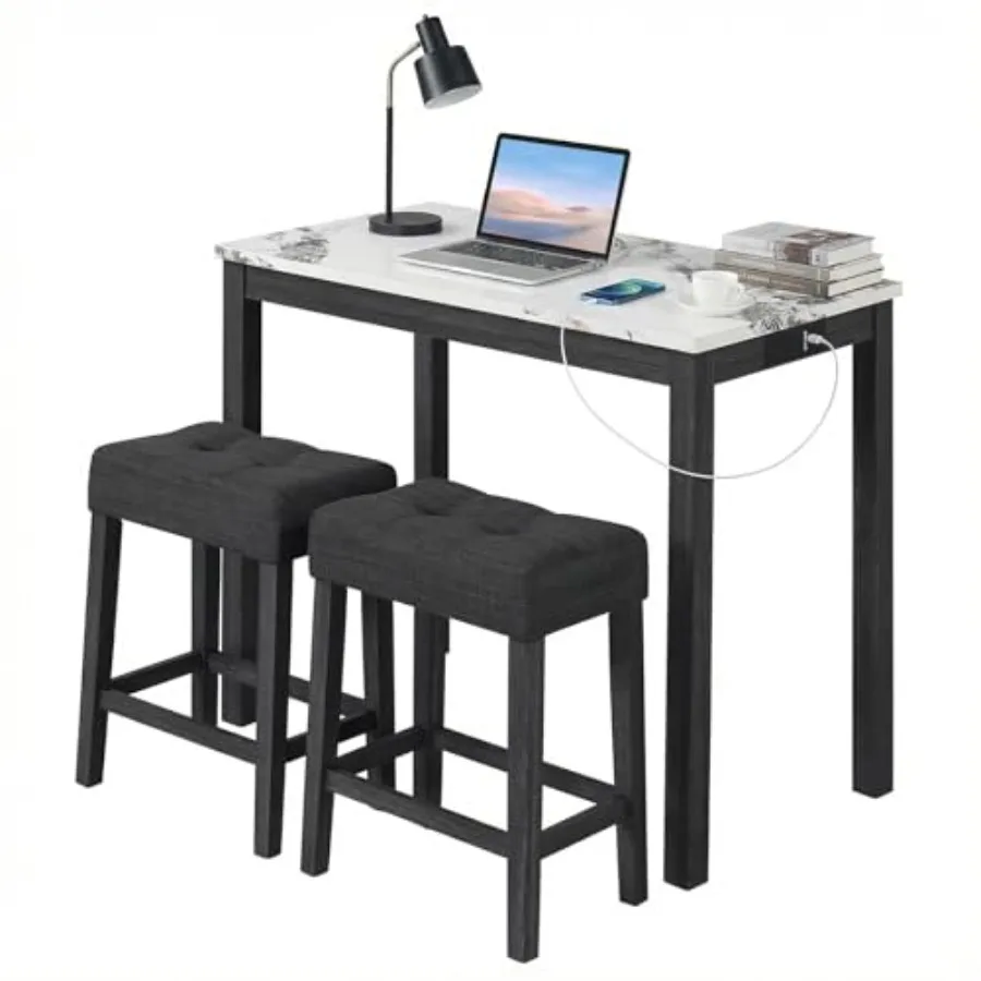 

COSTWAY 3-Piece Bar Table Set with Charging Station Modern Counter Height Breakfast Table w/Faux Marble Top and 2 Padded Stools