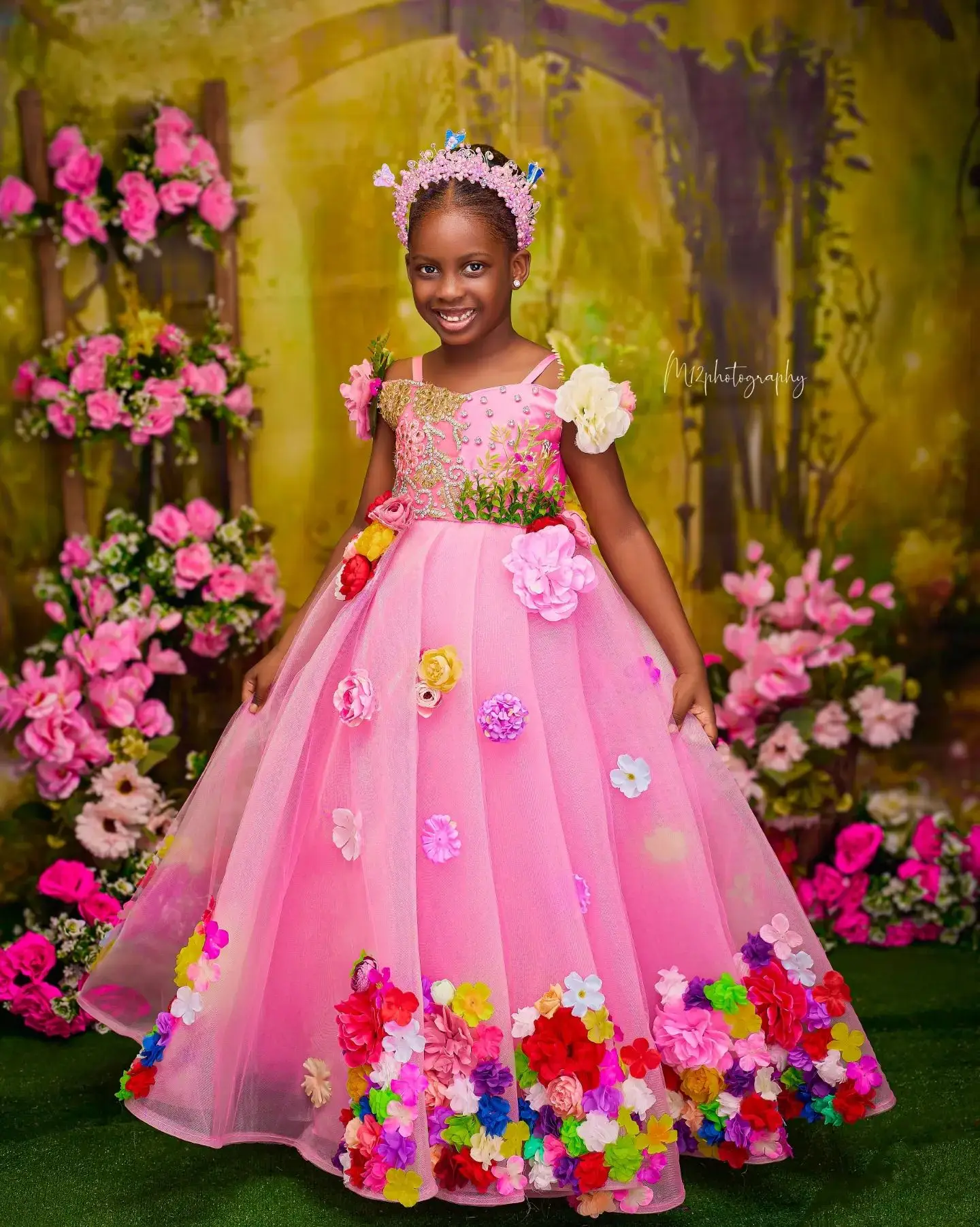 Luxury Pink Kids Birthday Dresses Colorful Big Flower Girl Dresses for Wedding Baby Girls Prom for Photoshoot