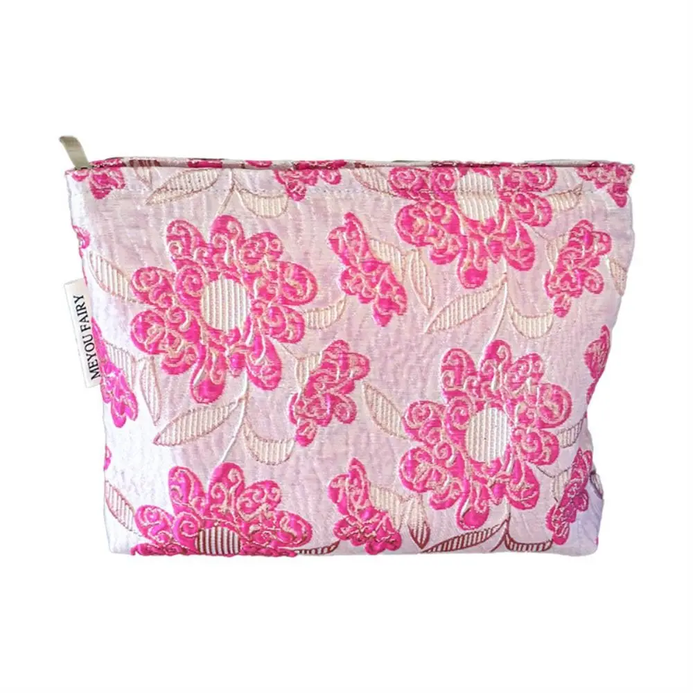 Jacquard Fabric Makeup Bag Large Capacity Embroidered Floral Toiletry Bag Soft Padded Wide Opening Cosmetic Pouch Daily Carry