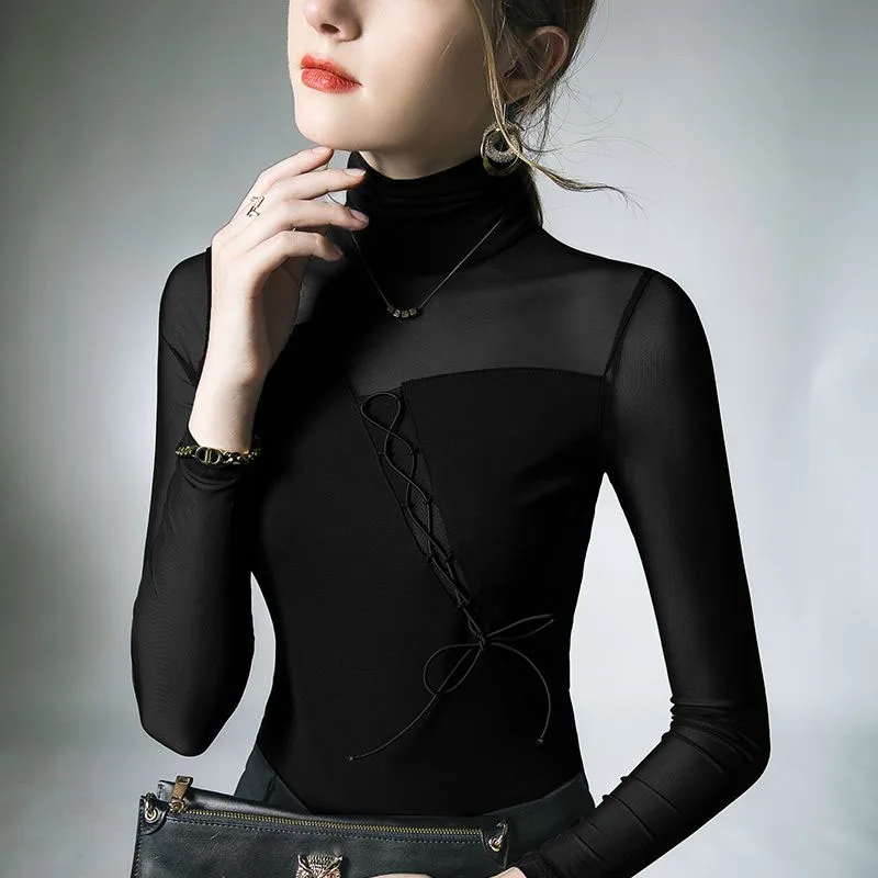 2023 NEW Autumn Mesh Slightly Transparent Sexy Strap Splice Fashion Style High Neck Long Sleeve Versatile Trendy Women's Shirt