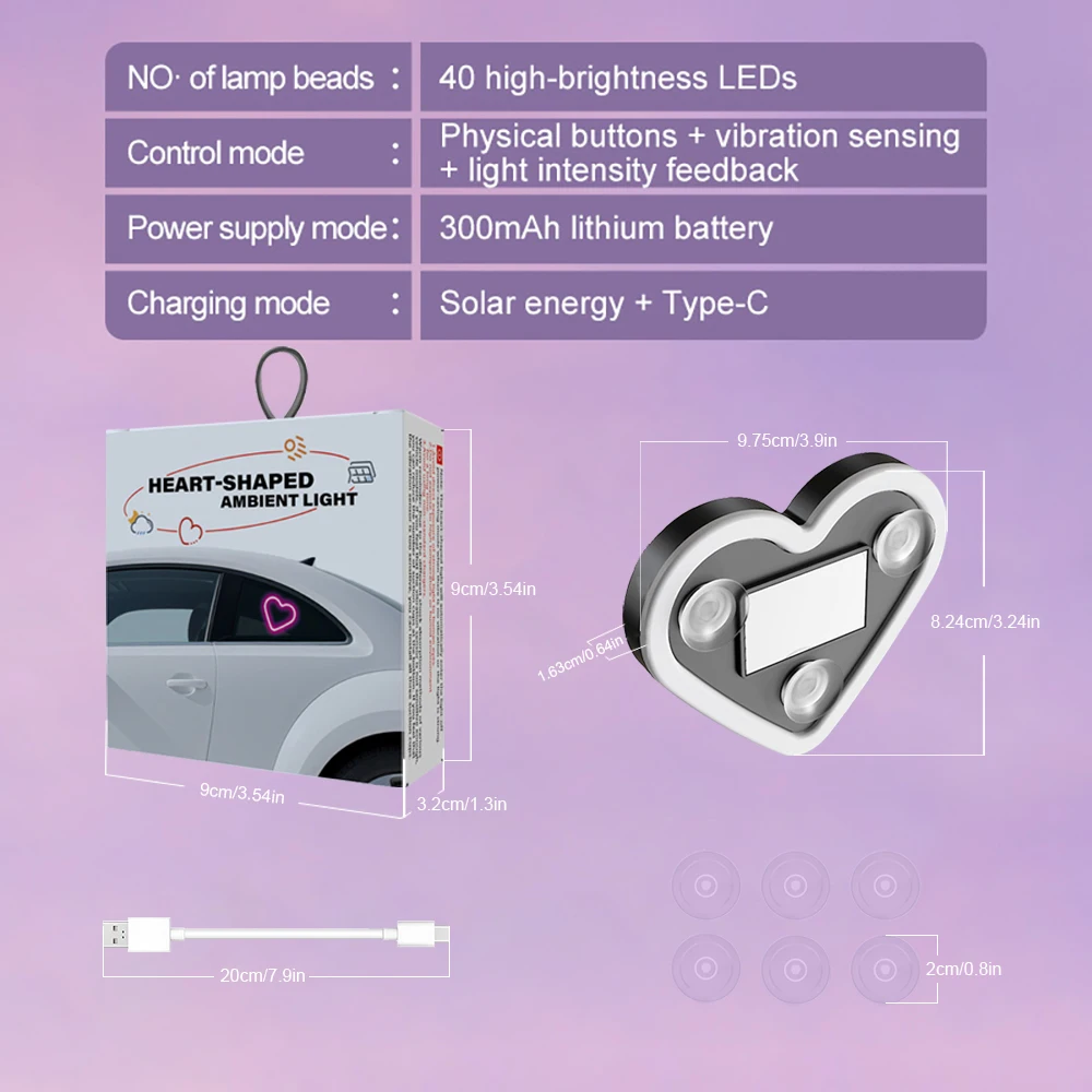 Heart Shaped Car Ambient Light Car Window Suction Cup Led Atmosphere Light 500mAh Solar/Type-C Rechargeable Neon Lamp