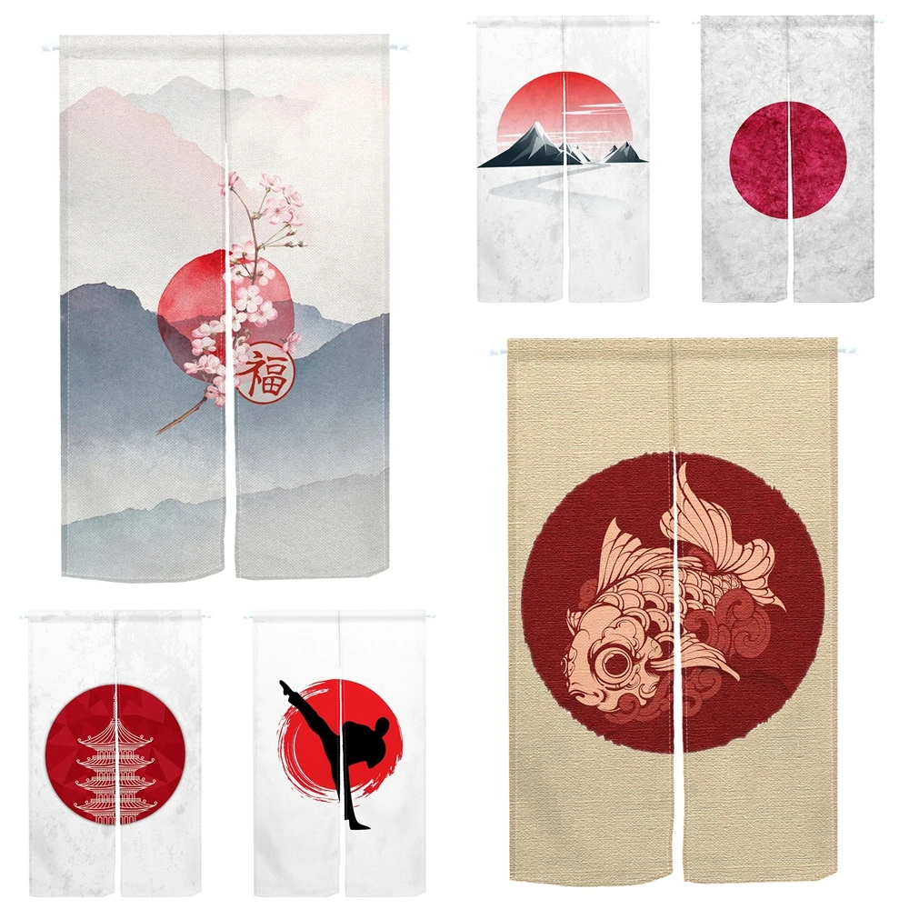 Japanese Style Door Curtain Red Sun Cherry Blossom Koi Fish Samurai Print Room Bedroom Kitchen Home Partition Decor Half Curtain