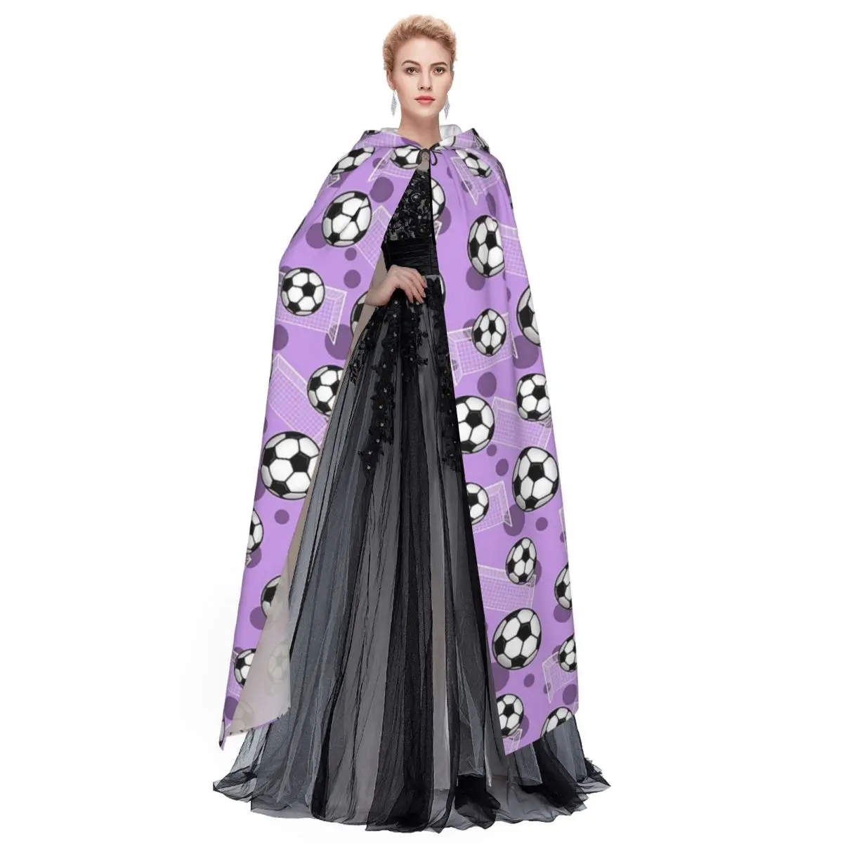 Bola de futebol e gol padrão roxo roxo futebol longo com capuz capa bruxa traje medieval cosplay capa halloweenvampiro