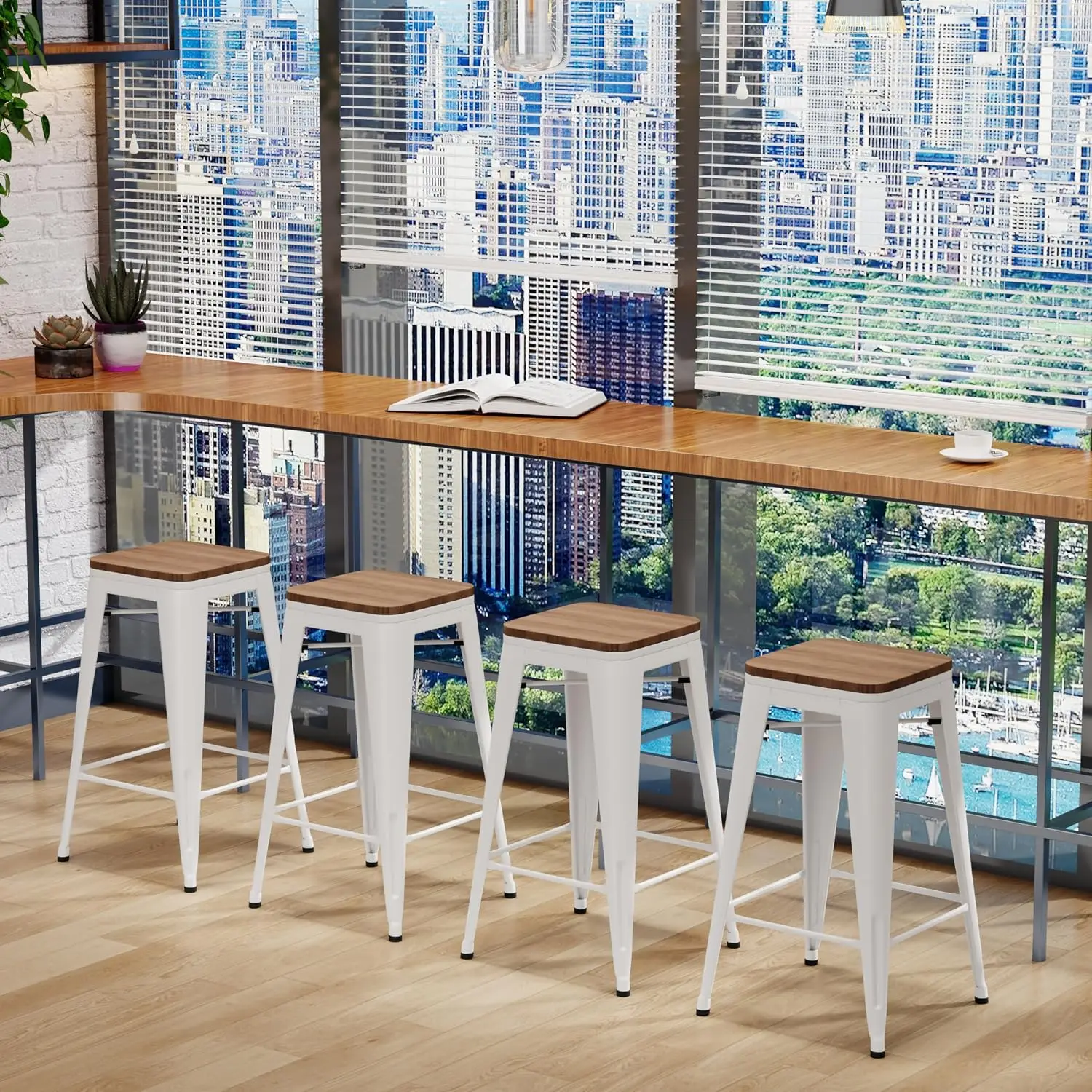 Industrial Counter Height Bar Stools Stackable Backless Metal Barstools Set of 4 for Kitchen Dining 30 Inch White, Customized