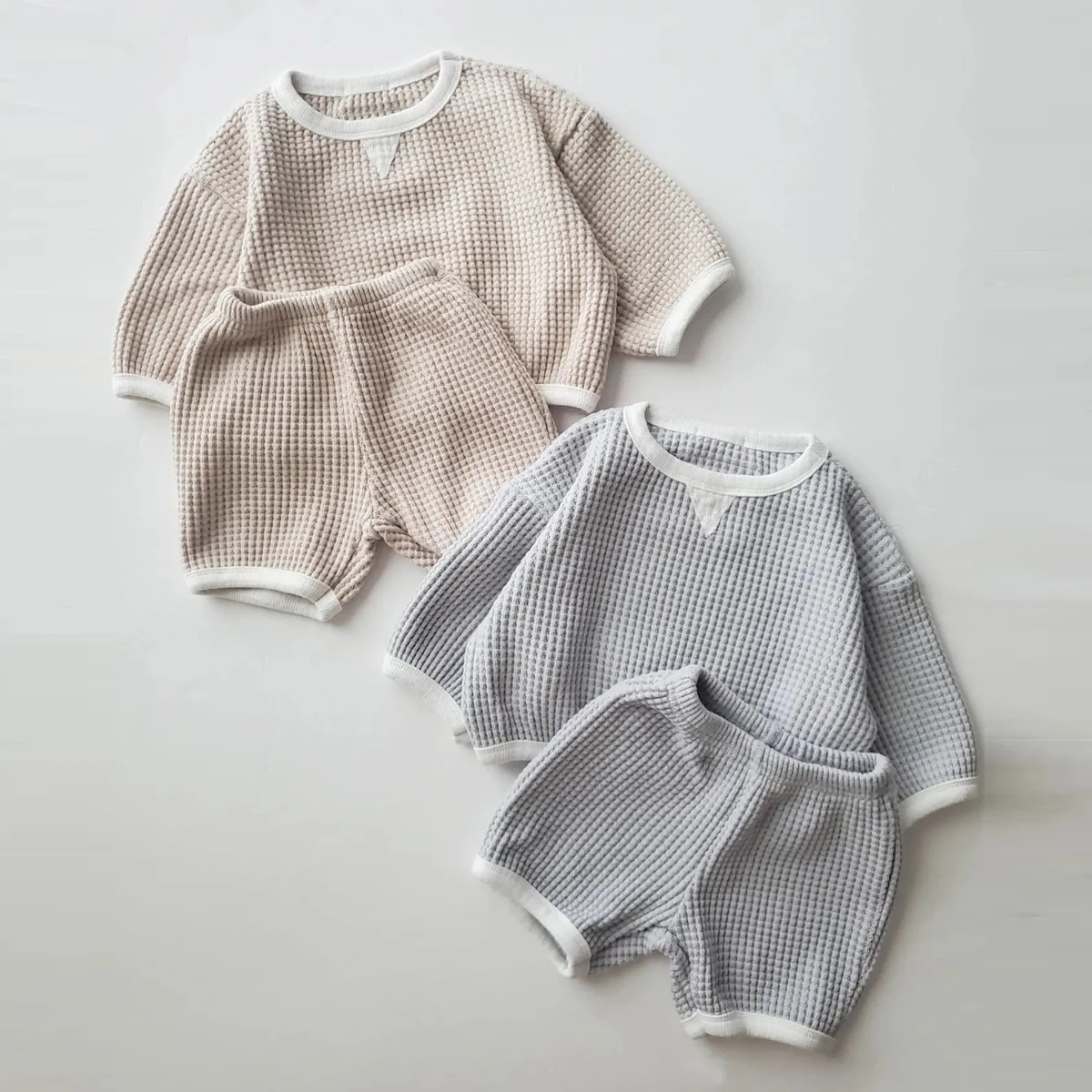 Korea Baby Boys Waffle Clothes Set 2023 Autumn New Baby Girls 2PCS/Set Clothes Sweater+PP Pants Shorts 0-2Y Baby Sportswear Suit