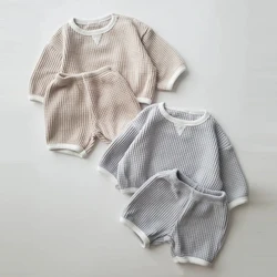 Ensemble de vêtements gaufrés coréens pour bébés garçons et filles, pull et pantalon PP, shorts pour bébé de 0 à 2 ans, trempés de sport, automne, nouveau, 2 pièces par ensemble, 2023