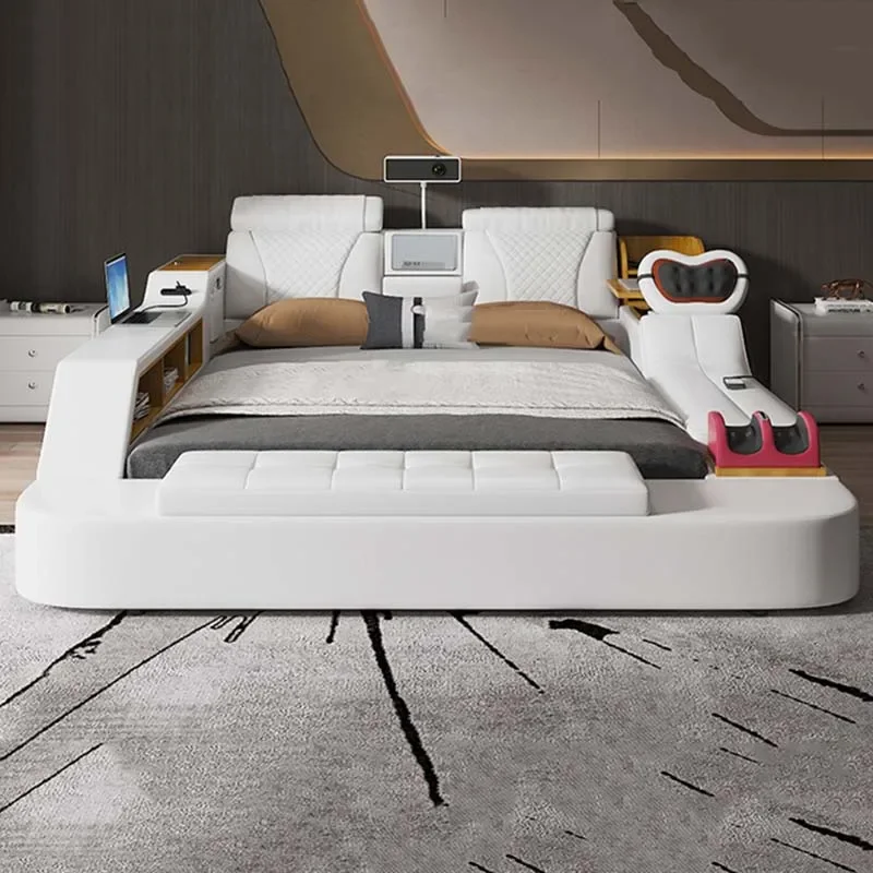 

Nordic Adjustable Bed Projector Usb Charge Wood Modern Bed Leather Massage Literas Multifuncional Luxury Bedroom Set Furniture