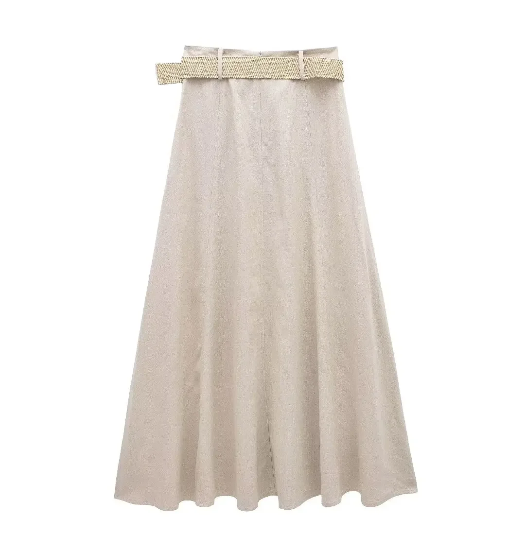 Women 2024 New Fashion Flax blend with belt  Midi Skirt Vintage High WaistFemale Skirts Mujer